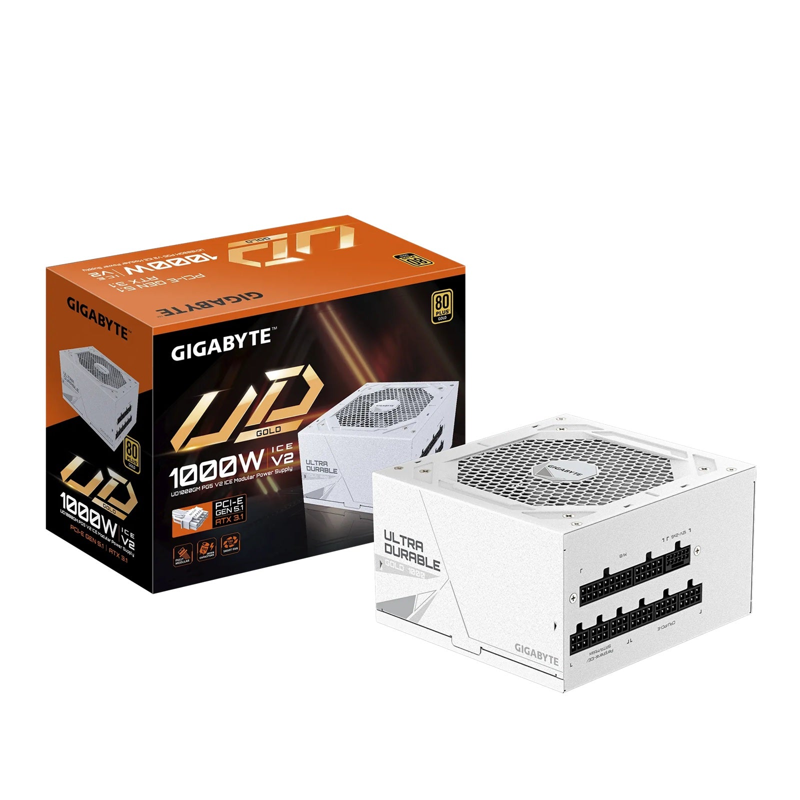 Gigabyte UD1000GM PG5 ICE 1000W ATX PSU Power Supply  80+ Gold >90% 120mm Fan Black Flat Cables Single +12V   >100K Hrs Gigabyte UD1000GM PG5 ICE 1000W ATX PSU Power Supply  80+ Gold >90% 120mm Fan Black Flat Cables Single +12V   >100K Hrs